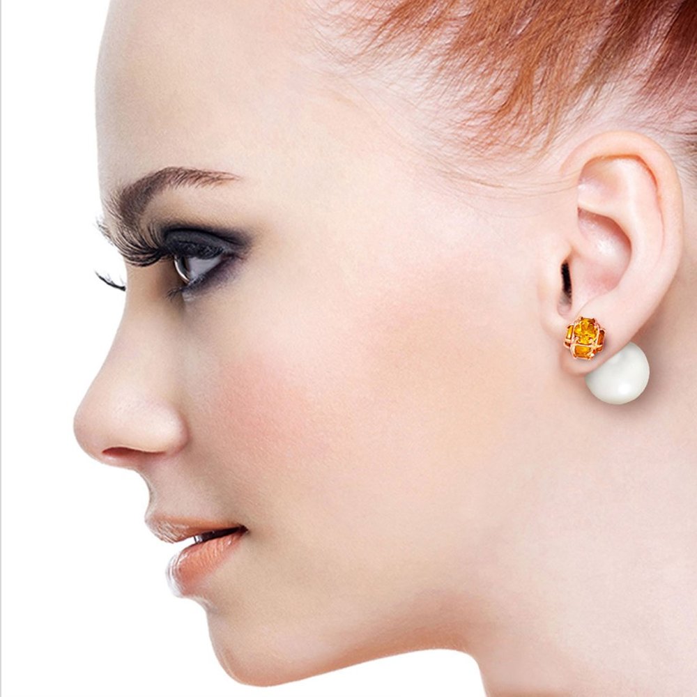 14k Gold Double Shell Pearl & Citrines Earrings - Picture 2 of 6